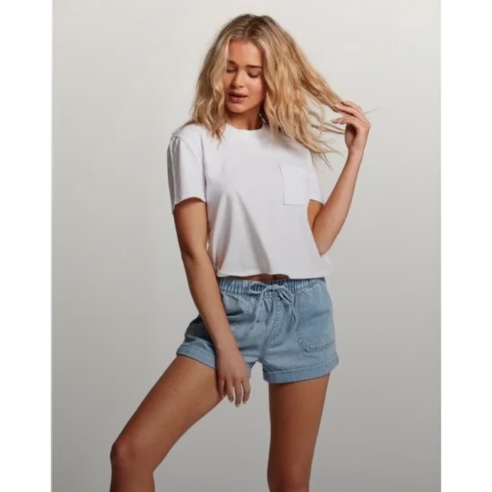 Volcom Denim Sunday Strut Drawstring Shorts Girls Size L Blue Jean Casual